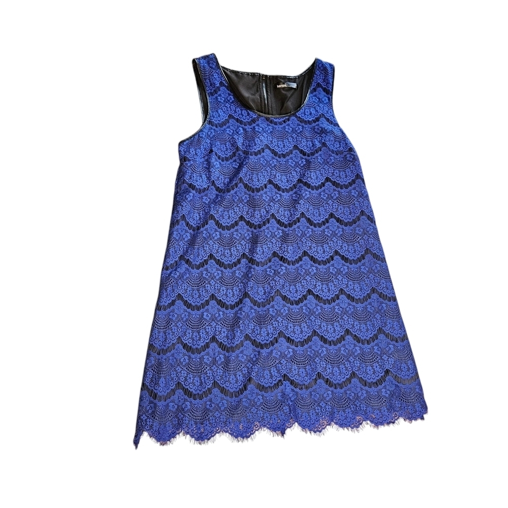 Kensie mini dress black lining blue lace faux leather trim Size 10